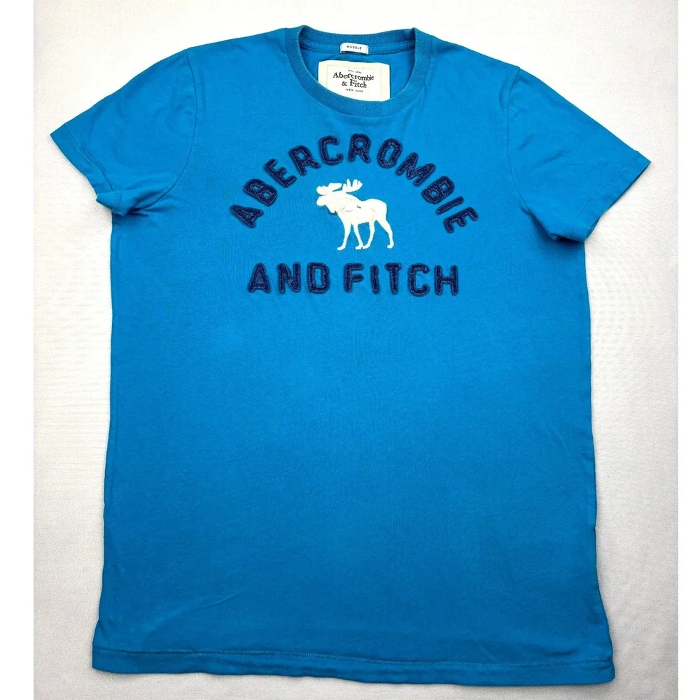 Abercrombie Fitch Muscle Shirt Mens Medium Blue Chenille Applique Logo Moose Tee